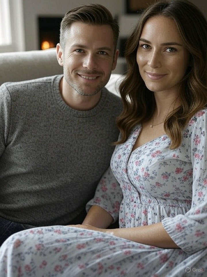 Man and wife sitting together, happily.